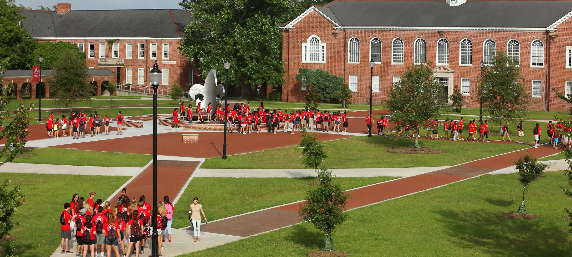 学生们在参观期间聚集在拉斐特大学的四方