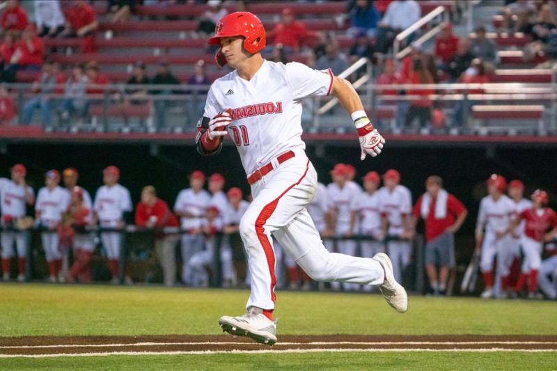 Louisiana Ragin' Cajuns student-athlete baseball player Alex Hannie rounds the bases at Russo Park